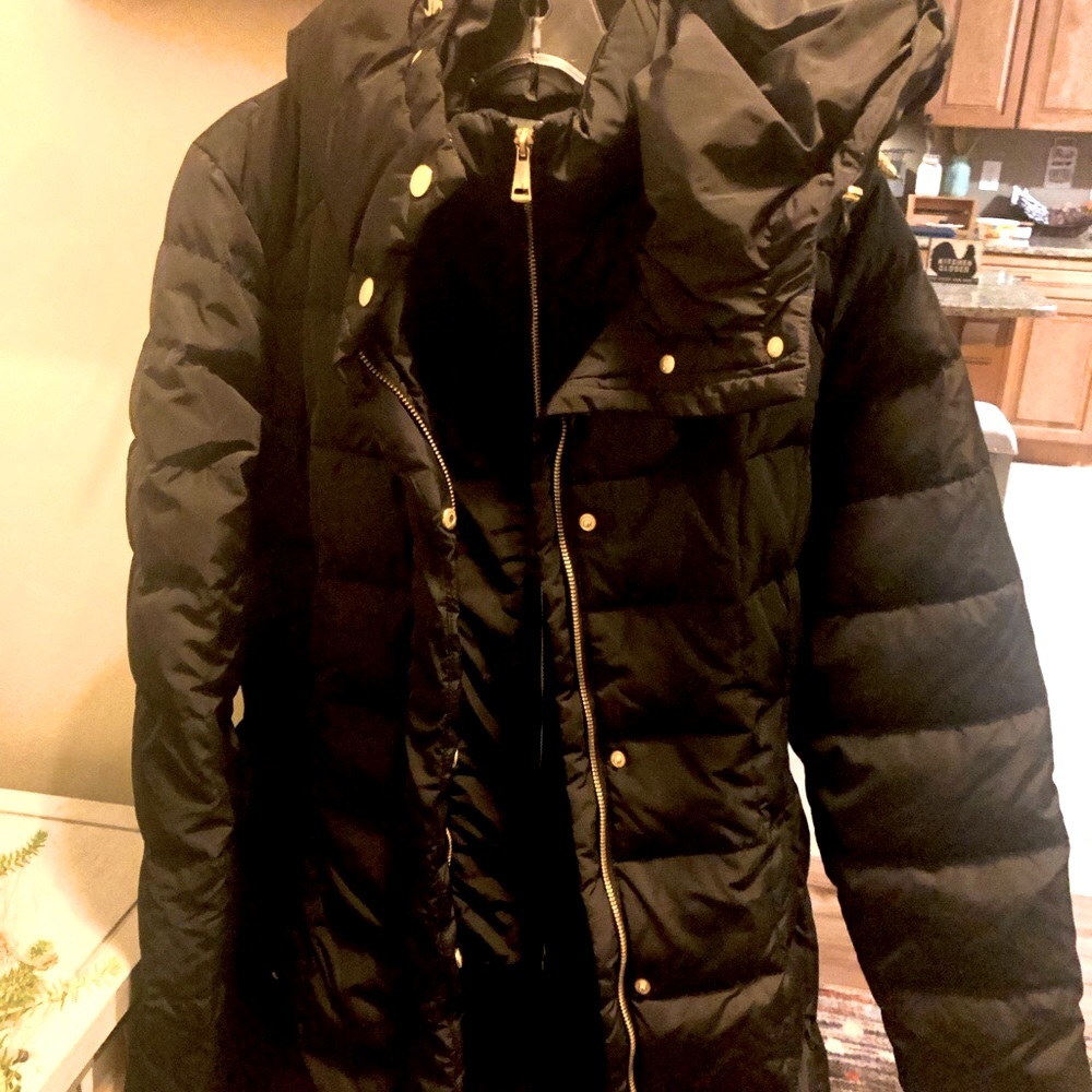 Cole Haan Signature Front Bib Black Hooded Puffy Jacket